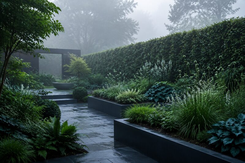 Privatgarten mit Stauden und Schiefer